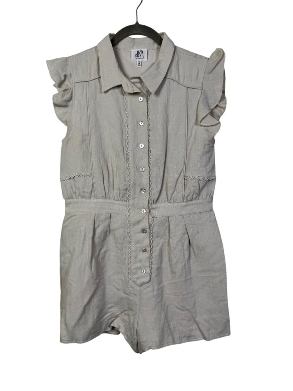 DRA Los Angeles Beige Ruffle Sleeve Button Up Romper size XS Neutral Boho